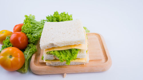 Close-up of fresh vegetables in plate against white background