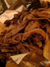 High angle view of chopped meat in plate