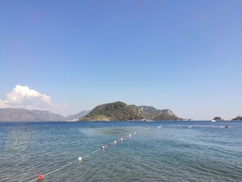 Scenic view of sea against clear blue sky turkey, marmaris