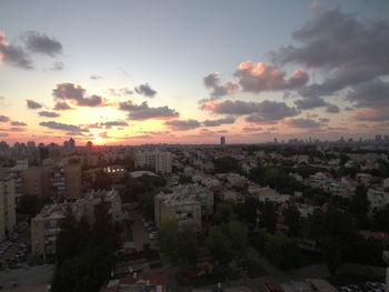 High angle view of buildings against sky during sunset
