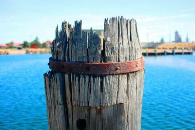 Wooden post on wooden post in sea