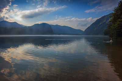 Scenic view of lake by mountains against sky