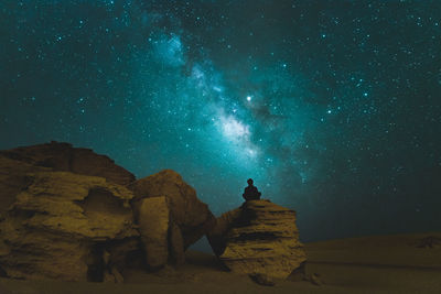 Statue on rock against sky at night