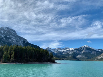 Scenic view of lake by mountains against sky