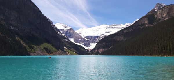 Scenic view of lake and mountains against blue sky