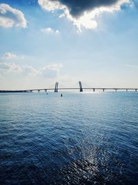 Scenic view of bridge over sea against sky