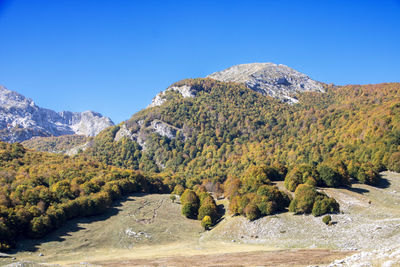 Scenic view of mountains against clear blue sky