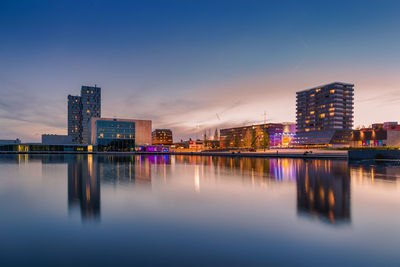 View of city lit up at night