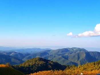 Scenic view of mountains against blue sky