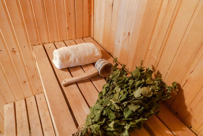 High angle view of vegetables on wooden floor at home