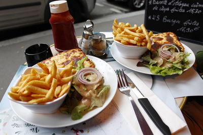 Close-up of food served on table