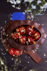 High angle view of food in plate on table