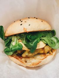 High angle view of burger in plate