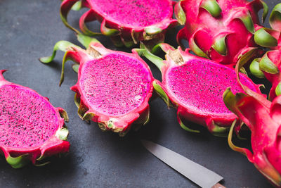 High angle view of chopped fruits on table