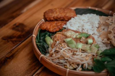 High angle view of meal served on table