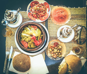 High angle view of breakfast on table