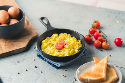 High angle view of breakfast on table
