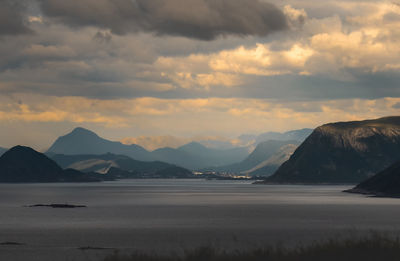 Scenic view of mountains against sky during sunset