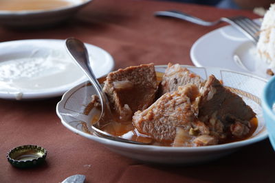 Close-up of meal served on table