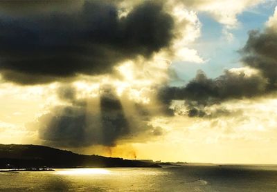 Scenic view of sea against dramatic sky