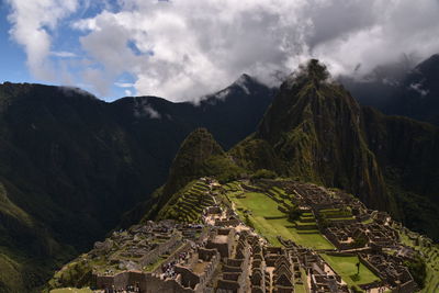 High angle view of old ruins against sky