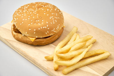 Close-up of burger on cutting board