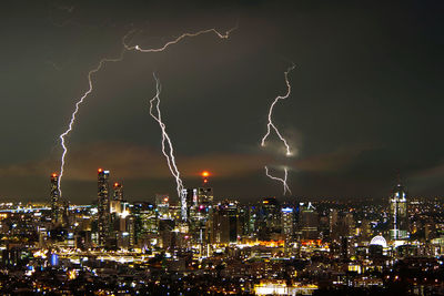 Panoramic view of illuminated cityscape against sky at night