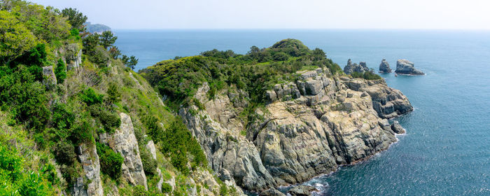 Scenic view of rocks in sea against sky