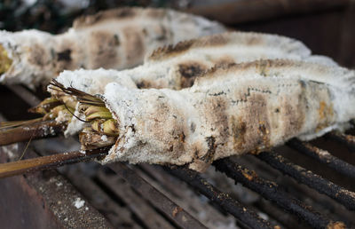 Close-up of crab on barbecue grill