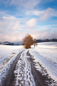 Snow covered field by road against sky