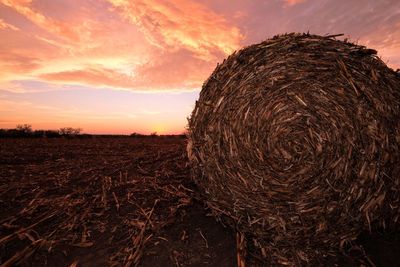 Hay bales on landscape against sky during sunset