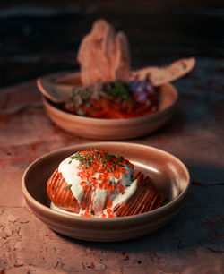 High angle view of food in plate on table