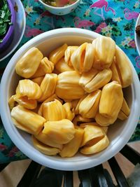 High angle view of fruits in bowl on table