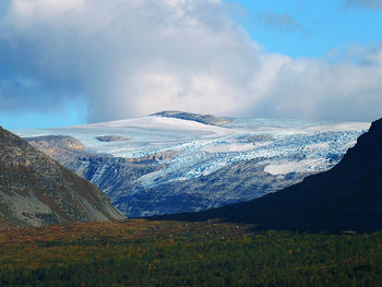 Melting glacier in southern norway with trees in the foreground. 