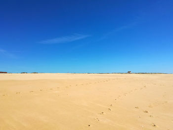 Scenic view of beach against clear blue sky