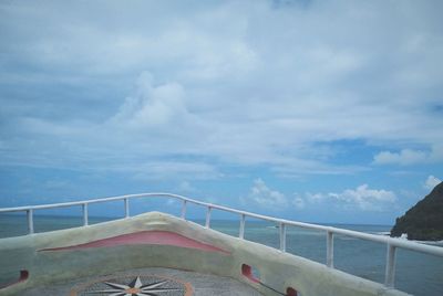 Swimming pool by sea against sky