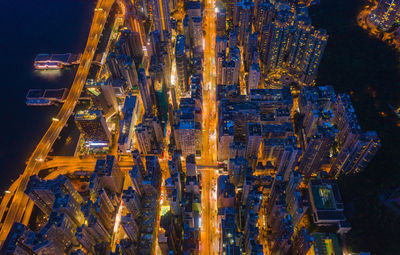 High angle view of illuminated city at night