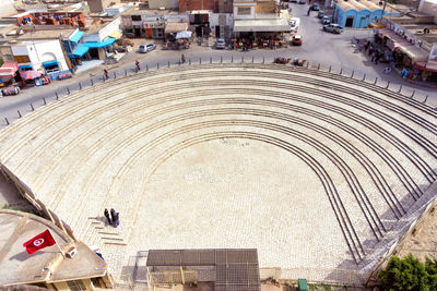 High angle view of people working in city