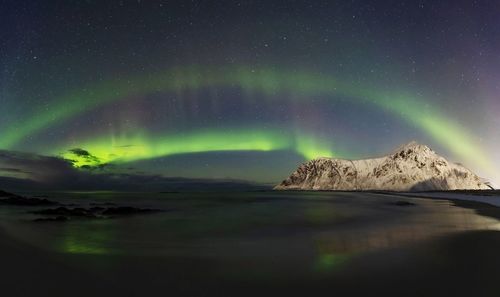 Scenic view of snowcapped mountains against sky at night