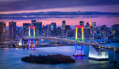 Illuminated city by river against sky at dusk