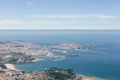 High angle view of cityscape by sea against sky