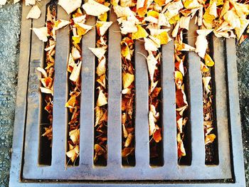 High angle view of meat on barbecue grill