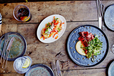 High angle view of breakfast served on table