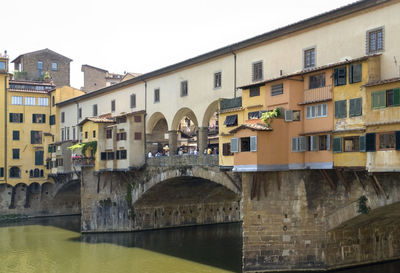 Bridge over river by buildings against sky in city