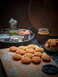 High angle view of cookies on table