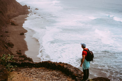 Rear view of man standing on beach