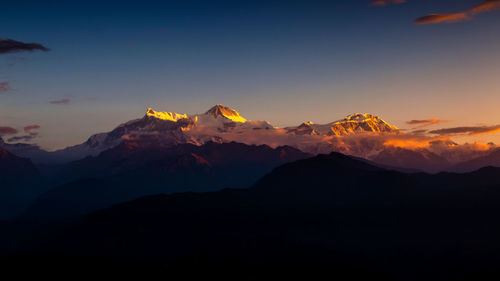 Scenic view of mountains against sky during sunset