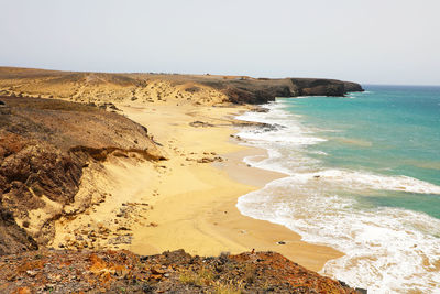Scenic view of beach against clear sky