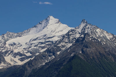 Scenic view of snowcapped mountains against clear sky