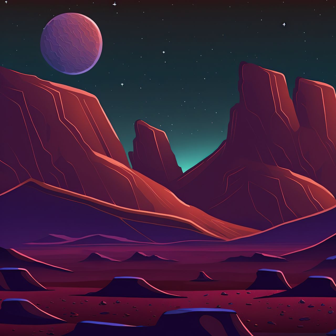 The surface of an alien planet in orange shades, mountains under the night starry sky with a planet in outer space 3d illustration Planet Background Space Alien Cartoon Cosmos Game Moon Blue Design Ground World Fantasy Galaxy Surface Cosmic Desert Earth Fantastic Futuristic Night Saturn Scene Stone Terrain UI Astrology Astronomy Crater Dark Fiction Illustration Land Landscape Lunar Martian  Mountain